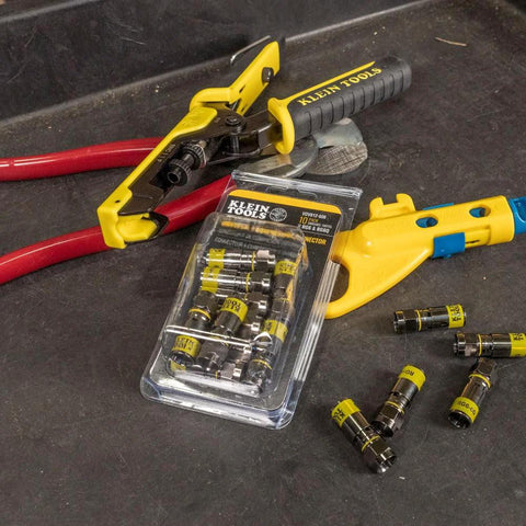 Klein Tools VDV812-606 F-connector 10-pack for RG6/RG6Q coax; blister-pack with yellow-handled tool.