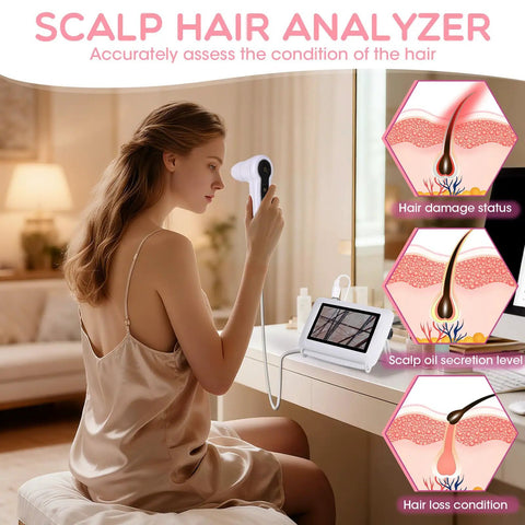 Woman using 5 Inch Digital Scalp Camera For Skin Health Analysis With 50x And 200x Lenses, Rechargeable Handheld Scanner at home
