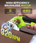 Top Shelf Cordless Electric Scissors Built Different To Crush Cardboard And Fabric Like A Slick Pro Featuring Dual Rotary Blades LED Safety Lock and Quick Charge Battery in use on brown leather
