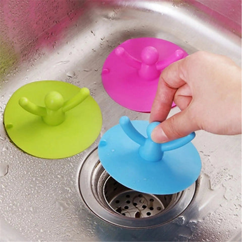 Shower Bathtub Drain Covers, Food Grade Silicone, Kitchen, Green, blue and pink sink stoppers with small person designs.