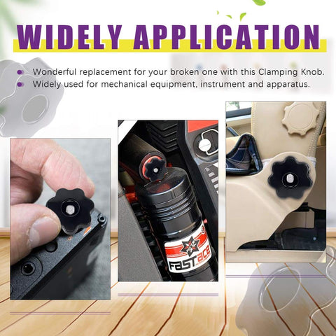 Three images showing the 32Pcs Seven Star Through Hole Knob Set With M4 M6 M8 M10 Female Thread Clamping Knobs in use on equipment.