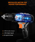Brushless Power Drill Kit With 1/2 Inch All Metal Chuck, illuminated brushless motor, shown in dark background for effect