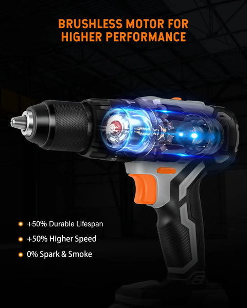 Brushless Power Drill Kit With 1/2 Inch All Metal Chuck, illuminated brushless motor, shown in dark background for effect