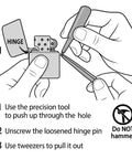 Diagram showing Hinge Pin Repair Kit For Zippo Lighters 2003 And Later use with precision tool for lid restoration.