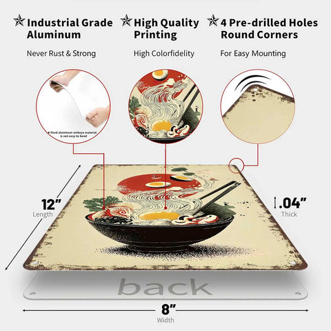 Funny Vintage Ramen Bowl Metal Sign Wall Art 8x12 Inches Tin Sign With Pre Drilled Holes Showing Detailed Measurements and Features