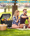 Couple on picnic with open rolling cooler with wheels and handle 29 liter 50 can capacity portable soft leakproof insulated wheeled cooler