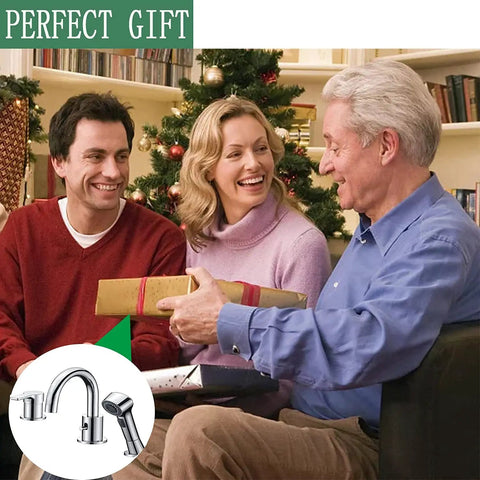 Three Hole Widespread Bathroom Faucet with Pull Out Shower Head in chrome near family exchanging gifts by a Christmas tree