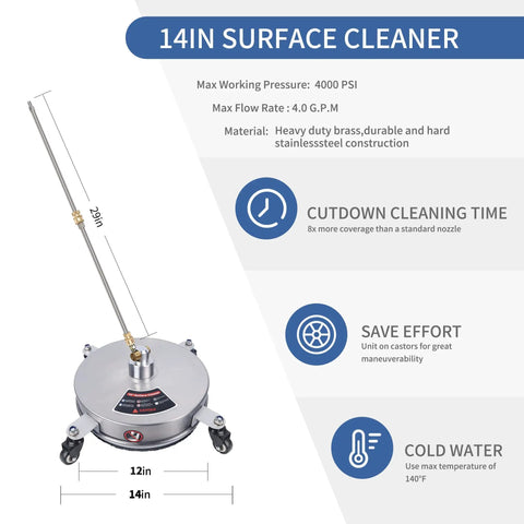 14 Inch Pressure Washer Surface Cleaner With 4 Wheels Heavy Duty Stainless Steel Accessory description and features chart