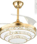 Retractable Crystal Ceiling Fan With Light And Remote 42 Inch Modern Chandelier Vibe 3 Color LED gold design with visible remote