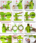 Happizza 75mm green button maker machine with illustrated step-by-step usage panels