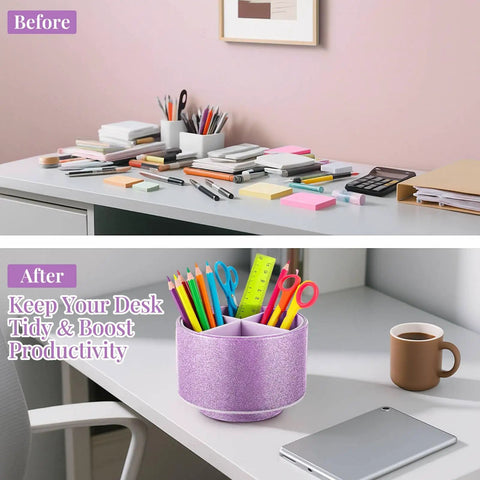 Before and after desk organization using 360 Degree Spin Glitter Pencil Holder In Purple PU Leather Four Compartment Desk Organizer Cup For Teachers Women And Girls Holds Pencils Makeup Brushes And More Eye Catching Desk Bling Gift.