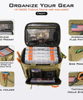 Front view of Versatile Tackle Bag With Four 3600 Trays For Saltwater And Freshwater Fishing, showcasing storage compartments.
