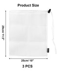 3 Pack Mesh Ball Bags Set Nylon Drawstring Organizer Bags 10x11.5 Inches dimensions and cord lock closure shown in white