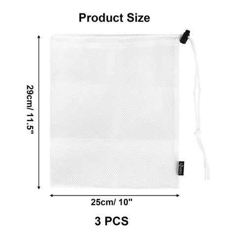 3 Pack Mesh Ball Bags Set Nylon Drawstring Organizer Bags 10x11.5 Inches dimensions and cord lock closure shown in white