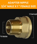 Brass pipe adapter nipple 3/4 in male x 1 in female NPT — front view
