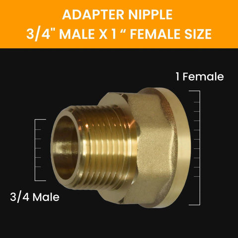 Brass pipe adapter nipple 3/4 in male x 1 in female NPT — front view