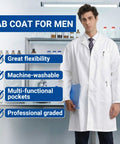 Men's Lab Coat Long Sleeve White Laboratory Jacket With Three Pockets Durable 35/65 Cotton Polyester Blend worn in lab setting.