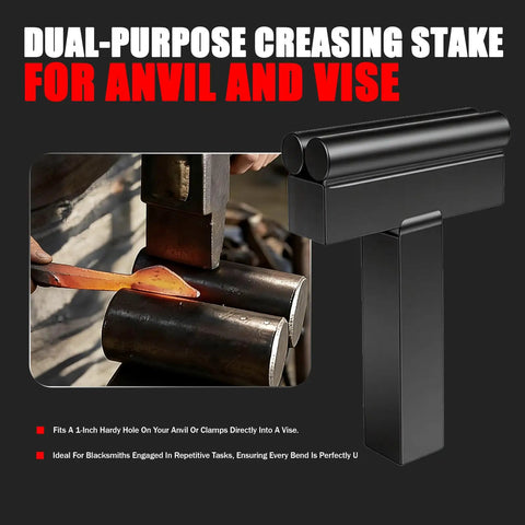 Dual-purpose creasing stake from One Inch Blacksmith Anvil Hardy Hole Tools Set with hot metal forging action shown.
