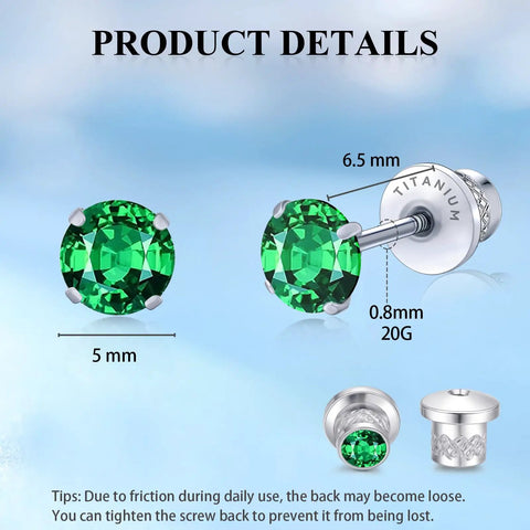 Snag Dope G23 Implant Grade Titanium Screw Back Earrings with 5mm green cubic zirconia, 20G hypoallergenic for sensitive skin.