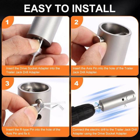 Top Shelf Trailer Jack Drill Adapter Fits One Inch Shaft With Half Socket Bit For Rv Camper Boat Dump Utility Trailers Cordless Crank Saver No Sweat Fast Jack Lifting Setup installation steps showing components fitting together.
