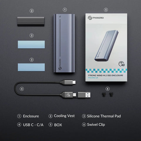 Sleek External NVMe SSD Enclosure With Thunderbolt 4 And USB4 Ports Delivers Beast Mode 40Gbps Speeds, includes cooling vest and USB cable.