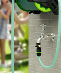 Two Pack Three Quarter Inch Brass Garden Hose Shut Off Valve With Extended Handle Heavy Duty Water Control For Easy Flow Includes Four Extra Rubber Washers For Tight Leak Free Fit attached to wall faucet and hose