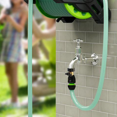 Two Pack Three Quarter Inch Brass Garden Hose Shut Off Valve With Extended Handle Heavy Duty Water Control For Easy Flow Includes Four Extra Rubber Washers For Tight Leak Free Fit attached to wall faucet and hose