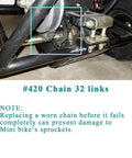Close-up of Drive Chain 420 32 Link for Coleman CK196 T 196cc Go Kart Jackshaft Replacement Chain installed on KT196 Minibike.