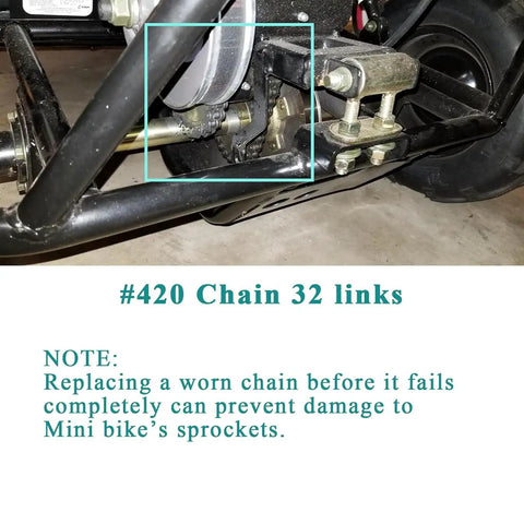 Close-up of Drive Chain 420 32 Link for Coleman CK196 T 196cc Go Kart Jackshaft Replacement Chain installed on KT196 Minibike.