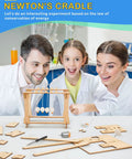 Children assembling Newton's Cradle from 5 In 1 STEM Kit For Kids Ages 8 12 13 Hands On Wooden Building Toys With 3D Puzzles Circuit Experiments.