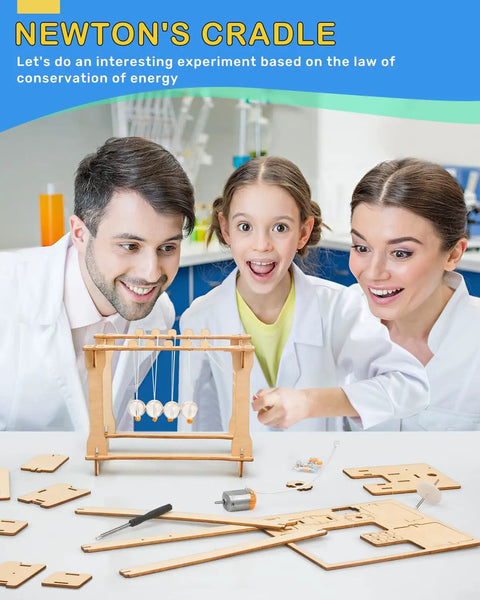 Children assembling Newton's Cradle from 5 In 1 STEM Kit For Kids Ages 8 12 13 Hands On Wooden Building Toys With 3D Puzzles Circuit Experiments.