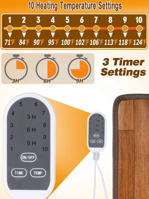 Under Desk Heated Floor Mat With 10 Temperature Levels And 3 Timers, 110V Electric Cozy Foot Warmer Pad control settings