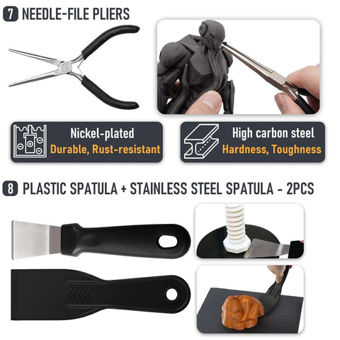 3D printer tools kit with pliers, deburring tool, wire cutter, scraper; 2 plastic and 2 stainless spatulas.