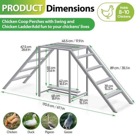 Chicken Coop Perch With Swing And Ladder Set For Backyard Farms Wooden Roosting Bar For 6 To 8 Chickens with dimensions labeled