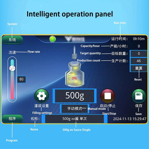 Heavy Duty Automatic Filling Machine For Viscous Liquids And Creamy Sauces Precision operation panel showing settings and performance data.