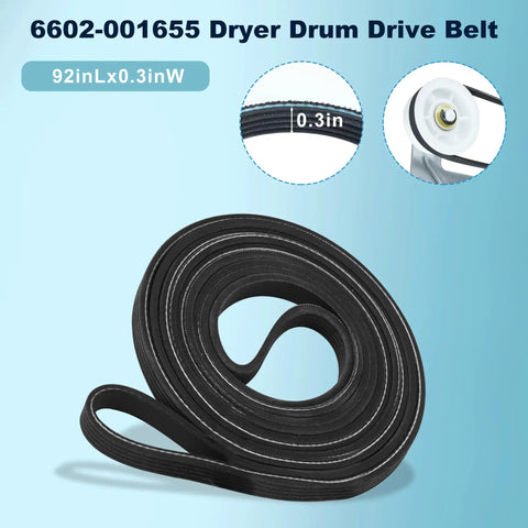 6602-001655 dryer drum drive belt, 92inL x 0.3inW, part of All In One Diy Ready Dryer Repair Kit With Roller Belt And Idler Pulley Replacement DC97-16782A 6602-001655 DC93-00634A Fits DV210AEW XAA DV40J3000EW A2 DV42H5200GP A3 DV42H5200EF A3 DV45H7000EW A2 APPLIANCEMATES