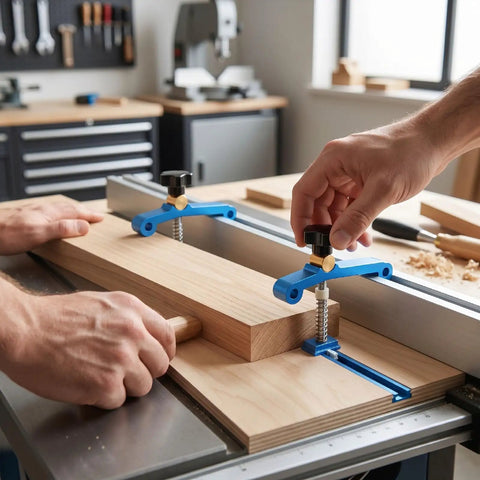 Heavy Duty T Track Clamps With Spring Nut Offer Adjustable Pressure Plate Slider For Woodworking And Metal Milling Tables Featuring 100mm Clamping Range To Nail Down Duvet Jigs Smoothly in use on a workbench