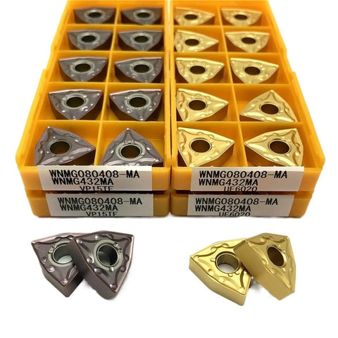 Solid Carbide Turning Indexable Insert Holder For Metal Lathe And CNC External Cutting Tools WNMG080408 Grade MA 15TF with assorted inserts.