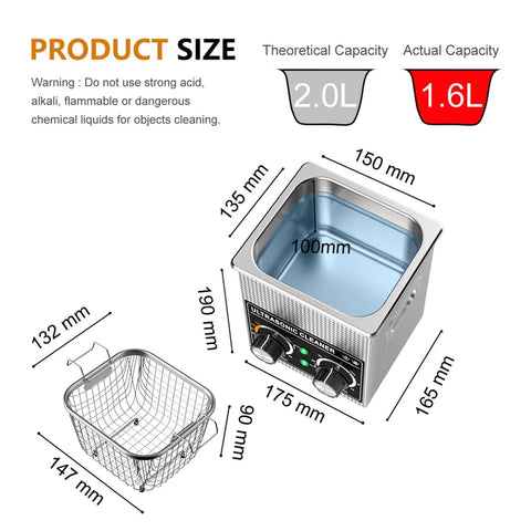 Digital Ultrasonic Cleaner With Heated Bath And Timer 2L Digital Display showing size dimensions and parts, 2L stainless steel tank.