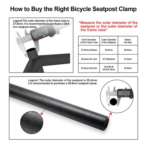 Guide on selecting proper seatpost clamp size using frame tube diameter measurements for Lightweight Aluminum Bike Seat Post Clamp With Quick Release, Hollow 39g Design, Easy Tool Free Height Adjustment, Anodized In Black Blue Gold Red Silver, Fits Seatposts 28.6mm, 31.8mm And 34.9mm, Fits A Dope Color Upgrade For Your Ride.