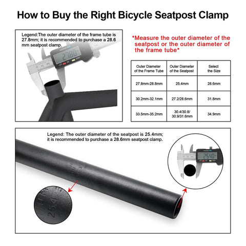 Diagram showing measurement guide for purchasing a Lightweight Aluminum Alloy Bike Seat Post Clamp With Quick Release Collar.