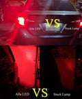 Comparison of T20 7440 7443 LED strobe brake light bulbs red flashing stop lamps with stock lamps on car showing brightness