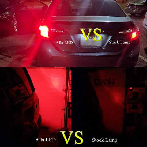 Comparison of T20 7440 7443 LED strobe brake light bulbs red flashing stop lamps with stock lamps on car showing brightness