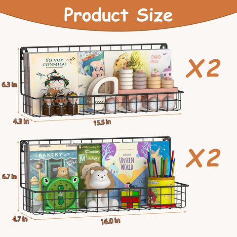 4 Pack Wall Mounted Metal Kids Bookshelf Floating Shelves For Nursery Toddler Room Straight Up Solid Wire Storage Rack Absolute Game Changer Organizer To Keep Bedrooms Fresh And Tidy In Matte Black, showcasing two wire shelves filled with books and toys.