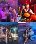 Collage showing Lit RGBICWW Floor Lamp With App And Voice Control lighting up various party and relaxation scenes.