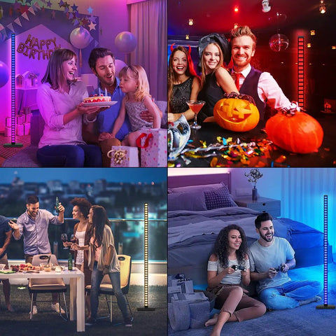 Collage showing Lit RGBICWW Floor Lamp With App And Voice Control lighting up various party and relaxation scenes.