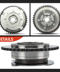 VVT camshaft adjuster sprocket, metal timing gear; front and rear views for automotive part.