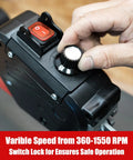 16 Inch Variable Speed Scroll Saw With Pinless Blades, 1.3A Motor, upper arm lifting, showing variable speed control knob.
