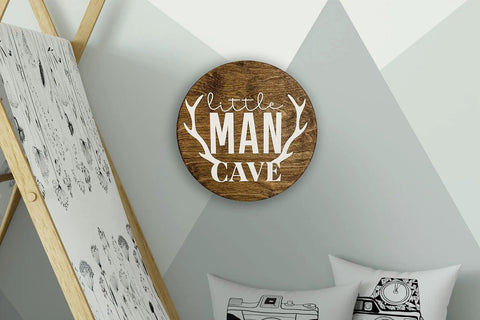 Rustic Birch Wood Wall Sign 12 Inch For Nursery And Bedroom Decor Handmade Crib Decoration Woodland Aesthetic Gift For Newborn Boys And New Moms Cozy Homey Vibe, featuring 'Little Man Cave' text with antler design on dark walnut finish.