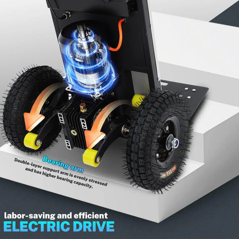 Heavy Duty Electric Stair Climbing Hand Truck With Powerful 1200 Watt Motor showing electric drive and durable wheels on tough steps.